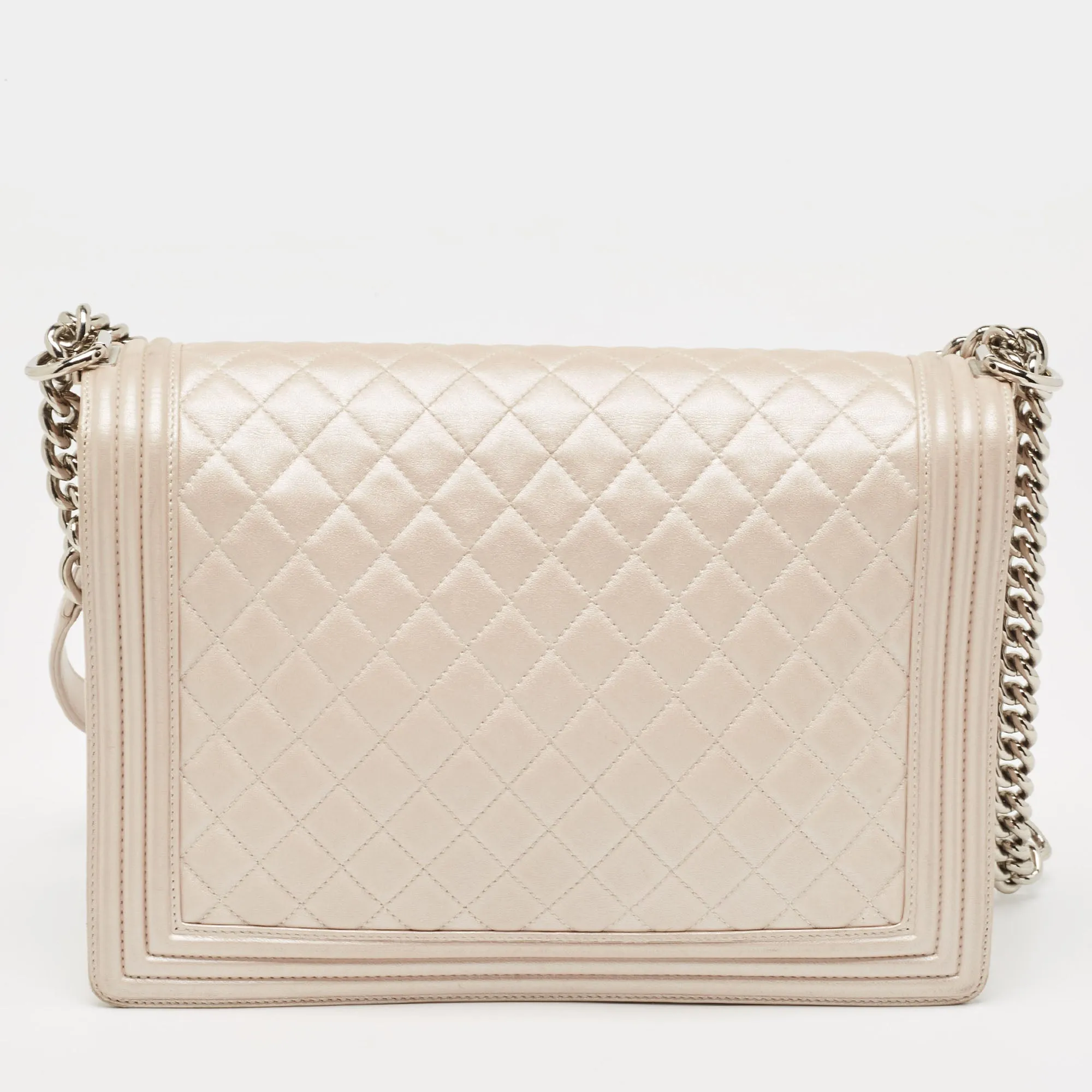 CHANEL Pearl White Shimmer Quilted Leather Large Boy Flap Bag