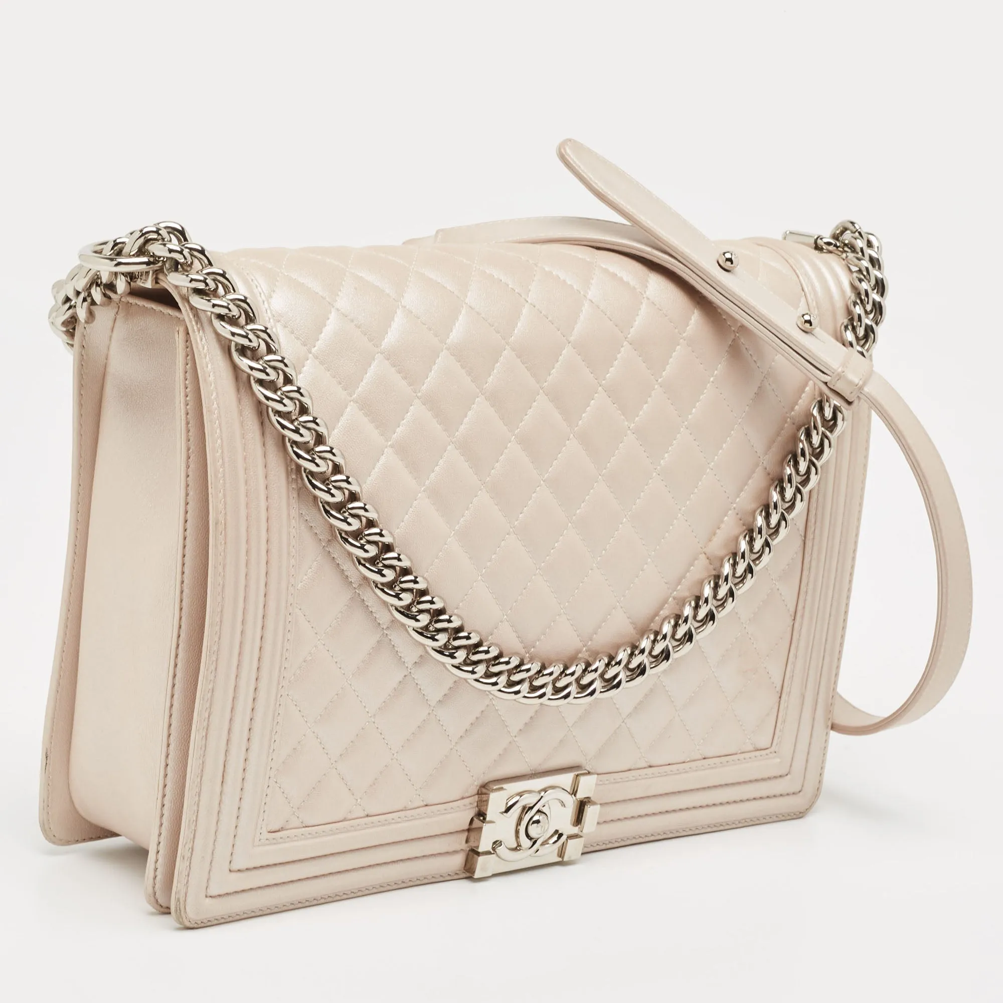 CHANEL Pearl White Shimmer Quilted Leather Large Boy Flap Bag