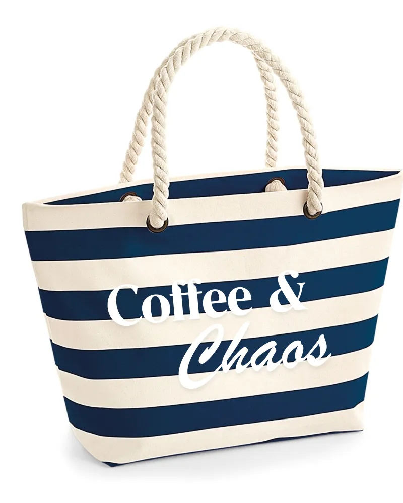 Coffee & Chaos Nautical Beach Bag - Striped Canvas Tote