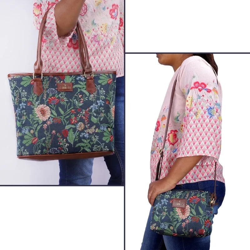 Combo: Adelina Sling and Justina Handbag - Versatile Design | Perfect Gift | 2 Bags | Navy Blue-Floral