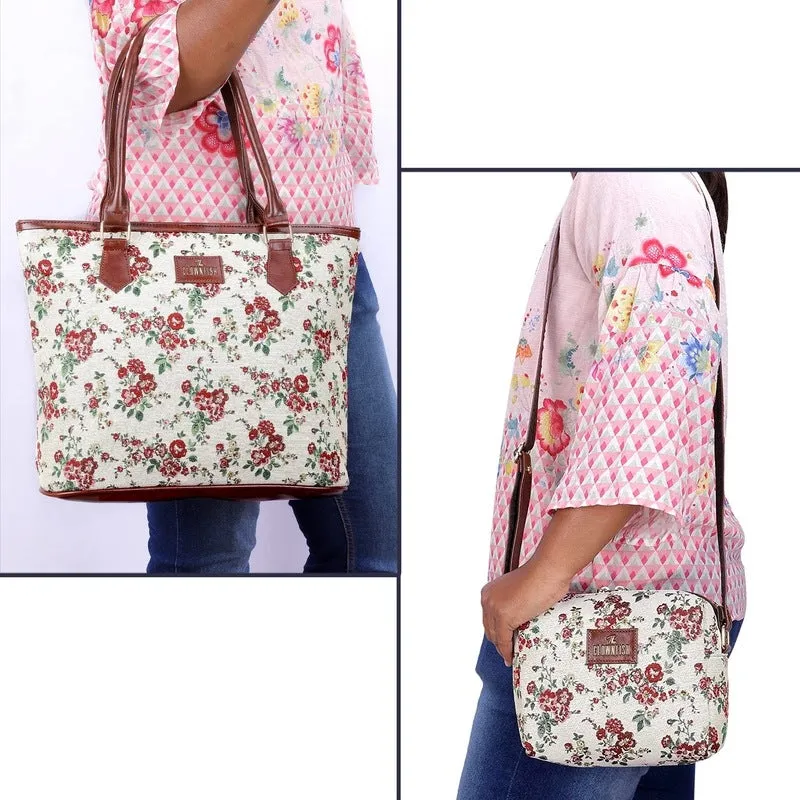 Combo: Adelina Sling Bag & Justina Handbag - Versatile, Stylish | 3 Compartments | White-Floral