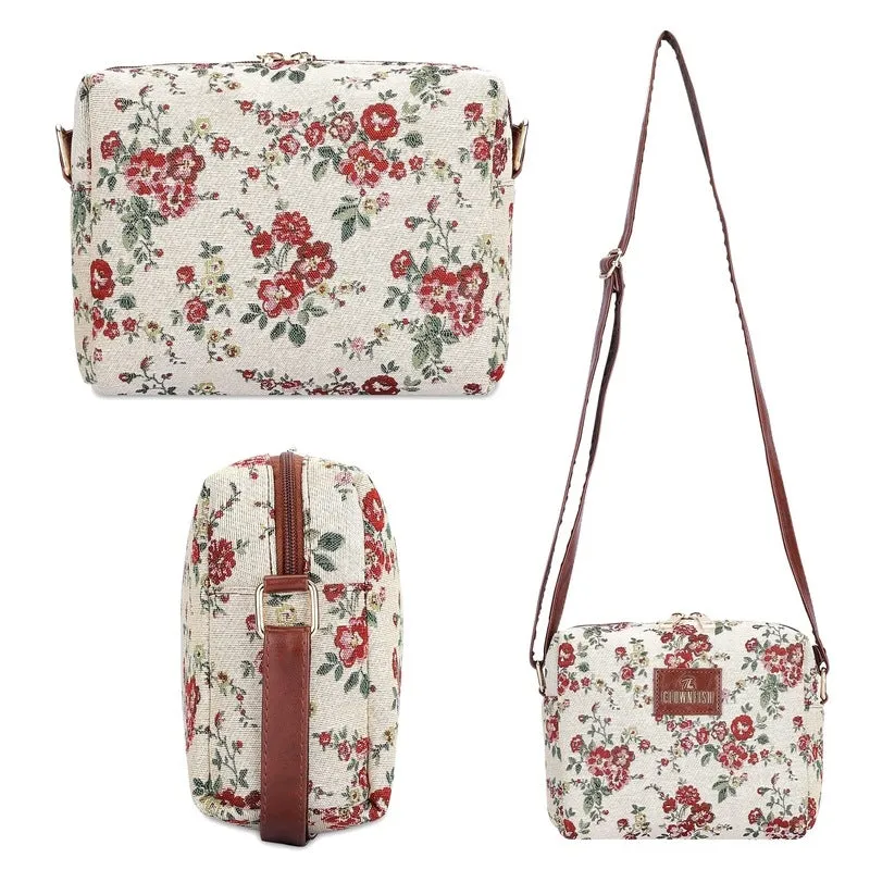 Combo: Adelina Sling Bag & Justina Handbag - Versatile, Stylish | 3 Compartments | White-Floral