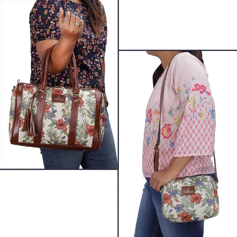 Combo: Adelina Sling Bag & Lorna Handbag for Women | Adjustable Strap | 20.7L | Maroon-Floral