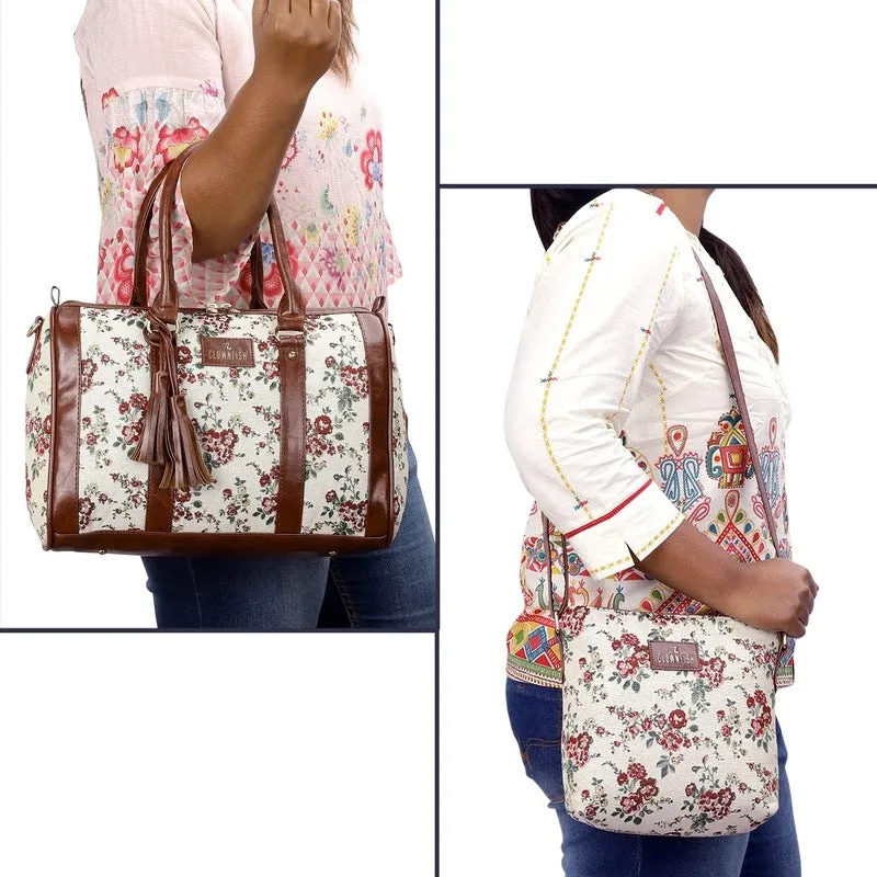 Combo: Linda-Series Sling & Lorna Handbag for Women | Adjustable Strap | 4 Pockets | White-Floral