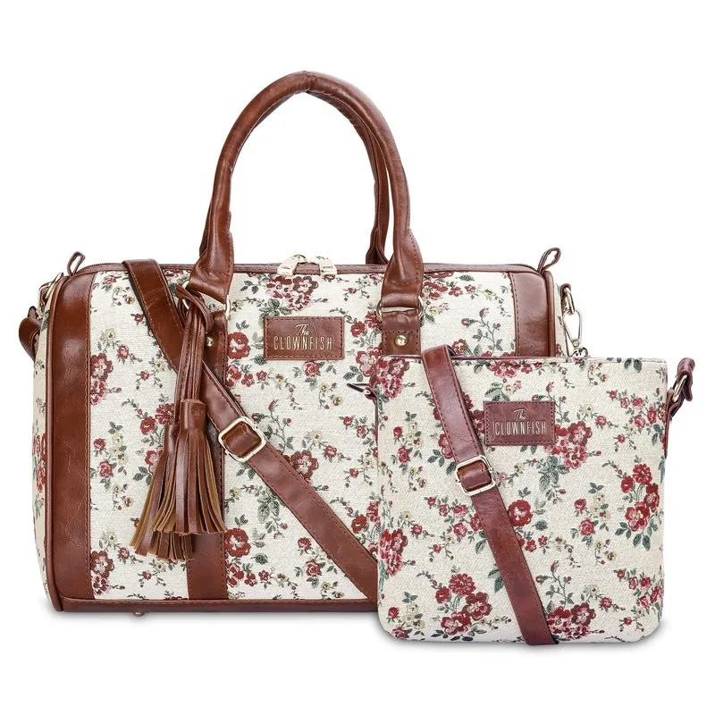 Combo: Linda-Series Sling & Lorna Handbag for Women | Adjustable Strap | 4 Pockets | White-Floral