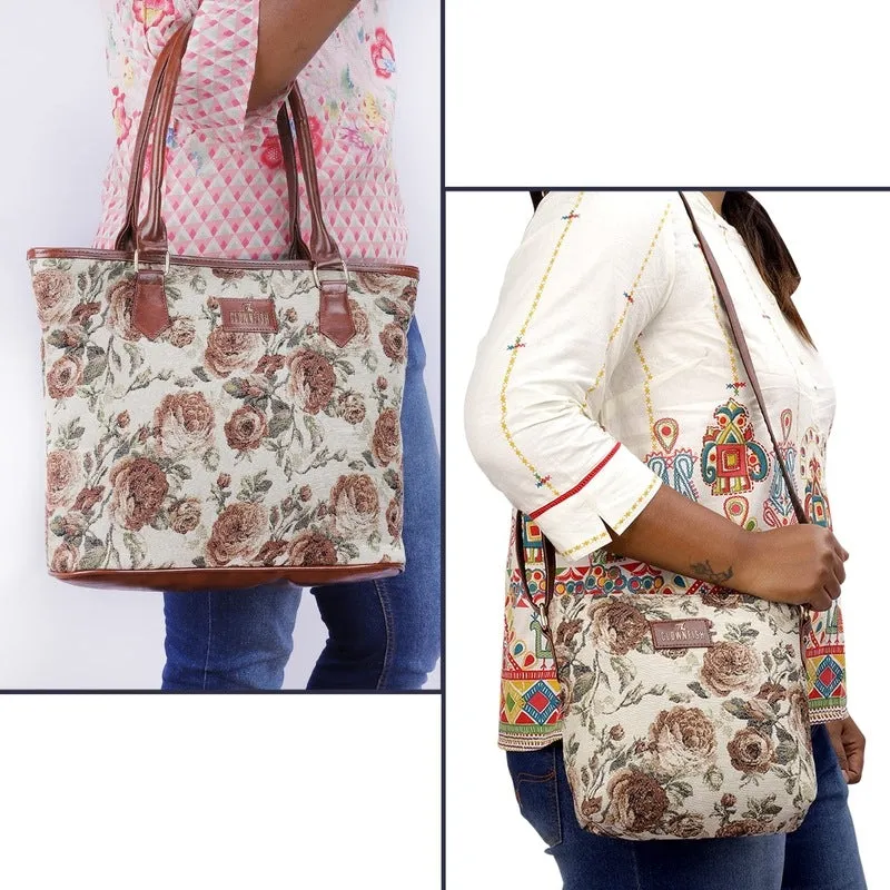 Combo: Linda Sling & Justina Handbag - Durable Tapestry Fabric | Adjustable Strap | Brown Floral