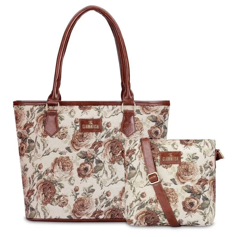 Combo: Linda Sling & Justina Handbag - Durable Tapestry Fabric | Adjustable Strap | Brown Floral