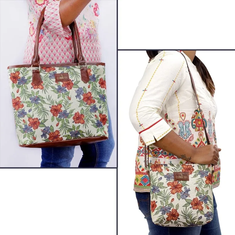 Combo: Linda Sling & Justina Handbag - Stylish, Versatile | Crossbody & Tote | 4 Pockets | Maroon-Floral