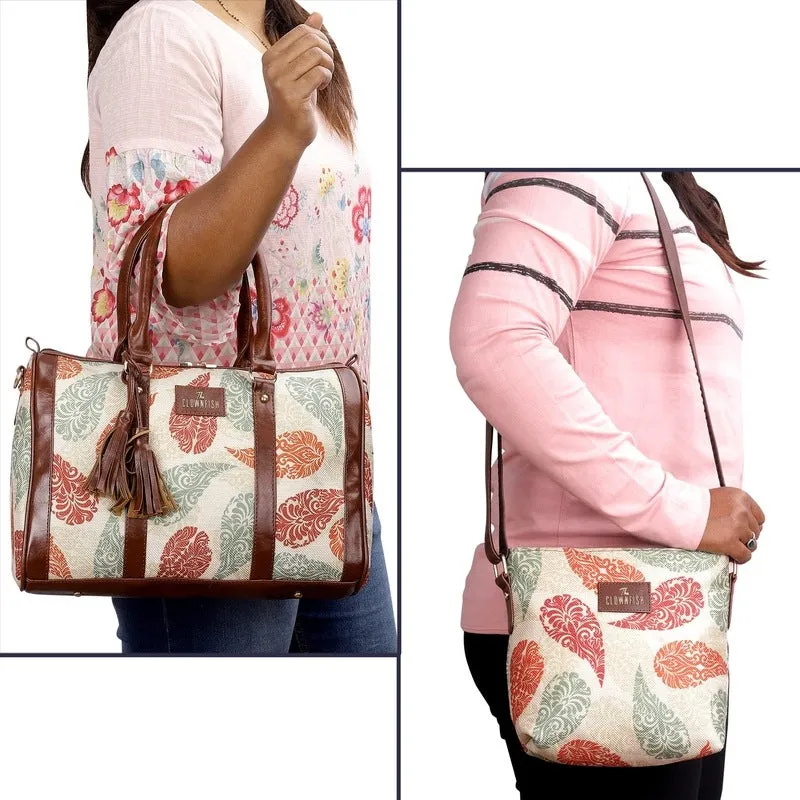 Combo: Lorna Handbag & Aahna Crossbody Sling Bag for Women | 16L | Cream-Leaf Design