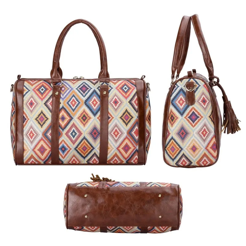 Combo: Lorna Printed Handicraft Fabric & Faux Leather Handbag and Aahna Crossbody Sling Bag | 16L | Multicolour-Diamond Design