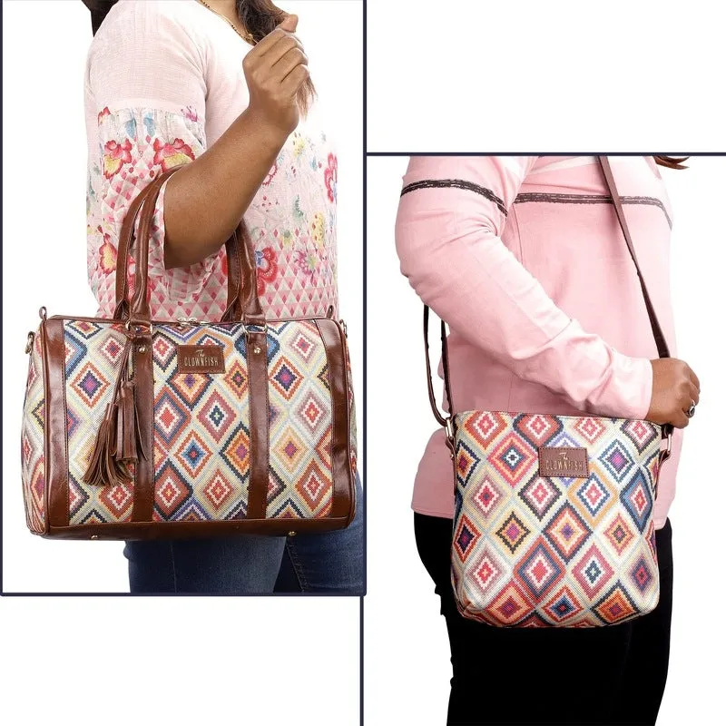 Combo: Lorna Printed Handicraft Fabric & Faux Leather Handbag and Aahna Crossbody Sling Bag | 16L | Multicolour-Diamond Design