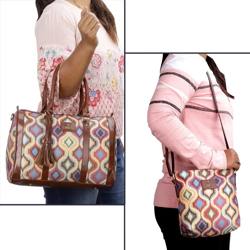 Combo: Lorna Printed Handicraft Fabric Handbag & Aahna Crossbody Bag | 16L | Multicolour Design