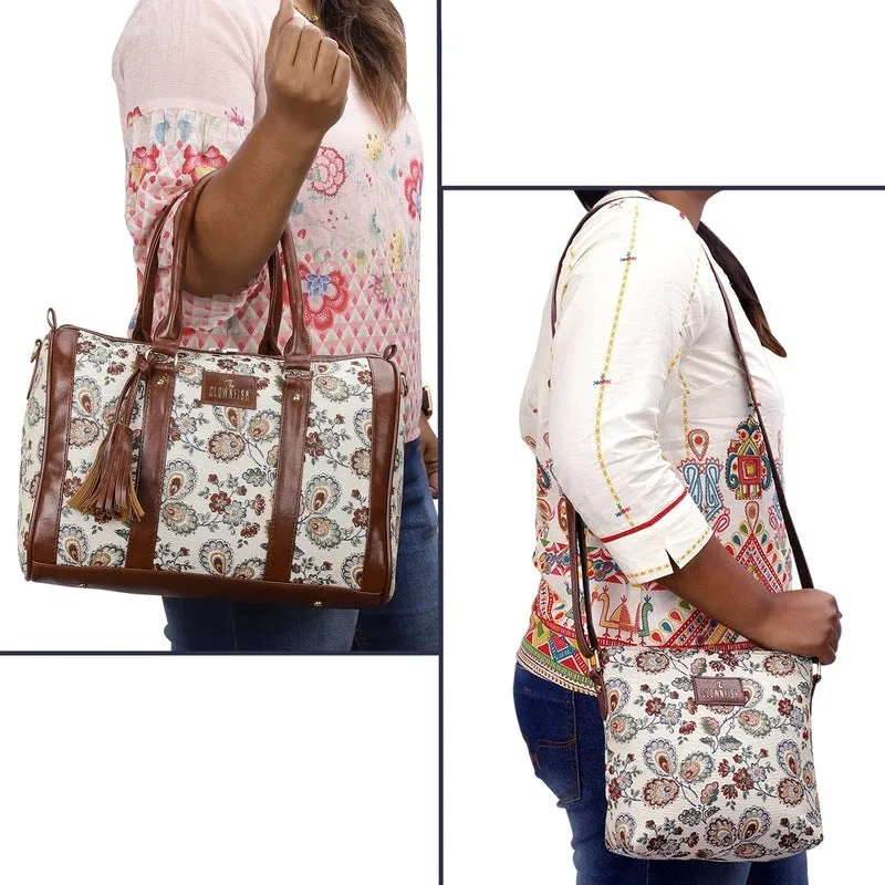 Combo: Sling Bag & Handbag for Women - Floral Design | Adjustable Strap | Dark Brown-Floral