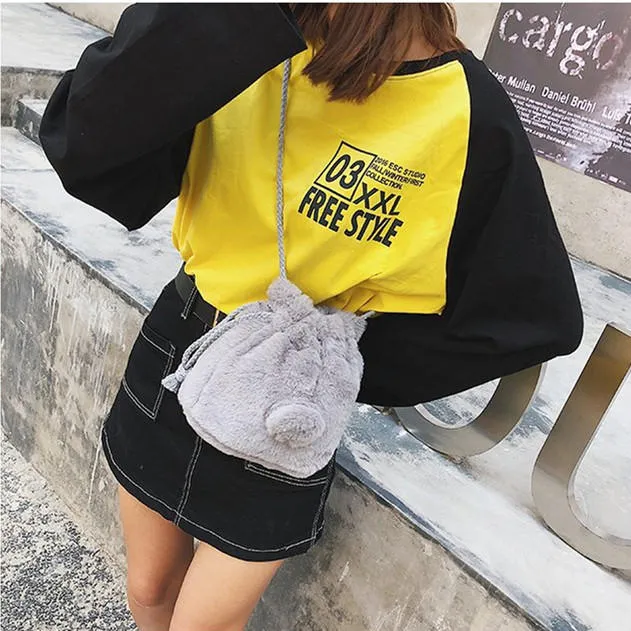 Cute Plush String Bucket Bag Shoulder Crossbody For Women