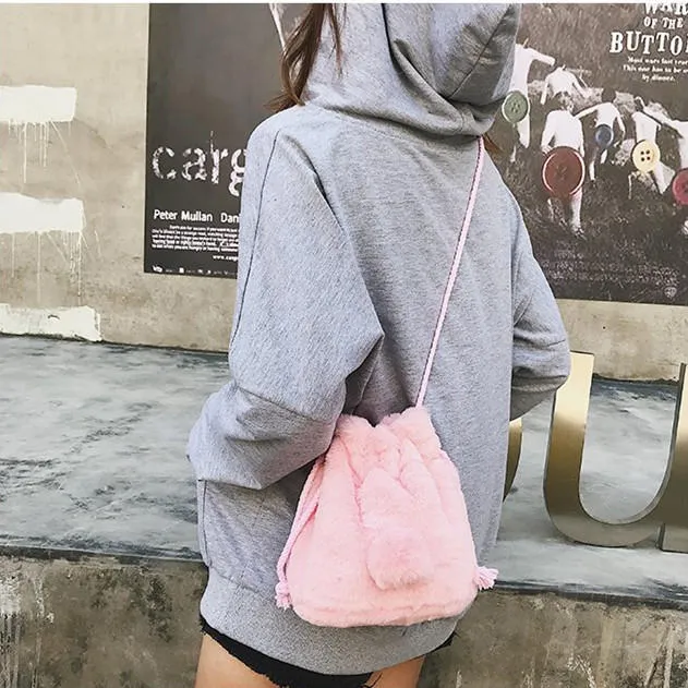 Cute Plush String Bucket Bag Shoulder Crossbody For Women