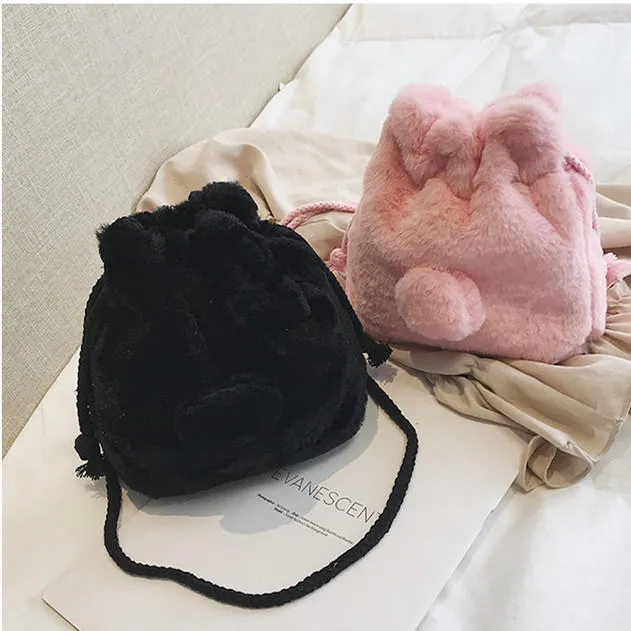 Cute Plush String Bucket Bag Shoulder Crossbody For Women