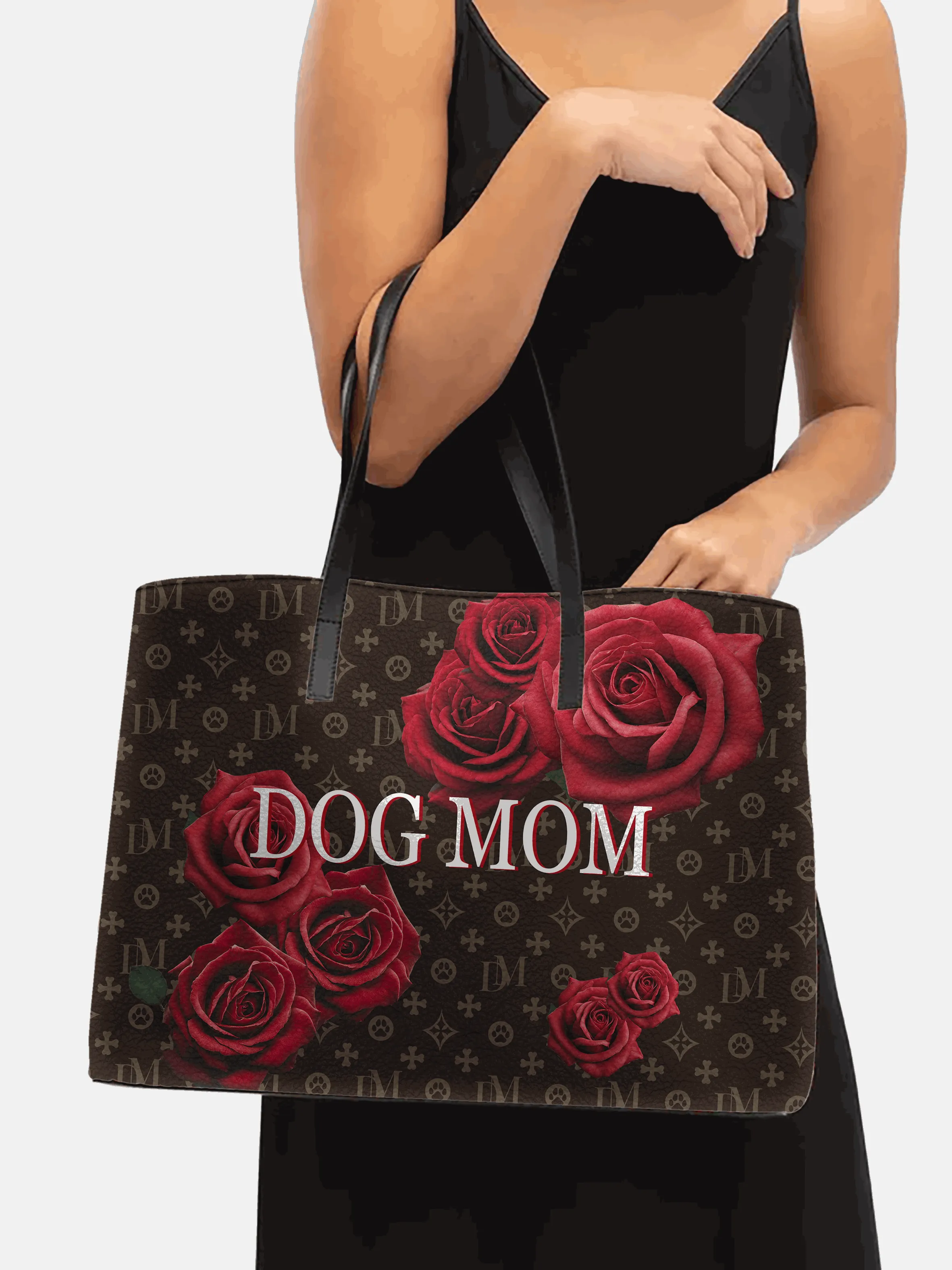 Dog Mom "DM" Motif Red Rose "ANASTASIA" Leather Tote