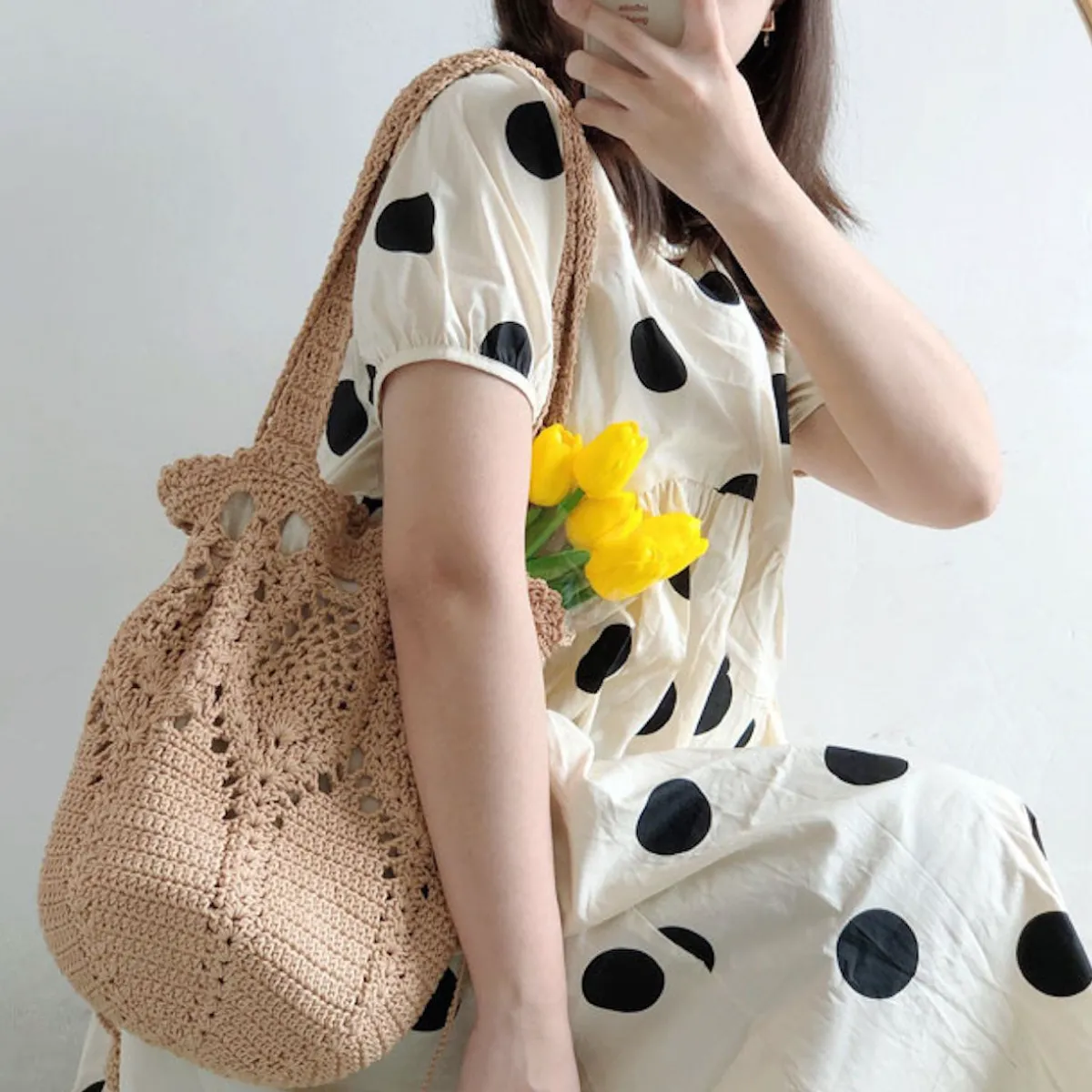 Elena Handbags Floral Knitted Bucket Bag