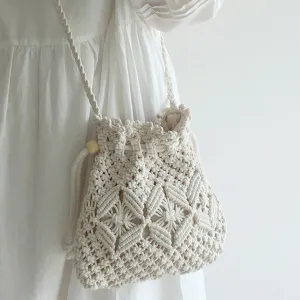 Elena Handbags Retro Cotton Macrame Shoulder Drawstring Bag