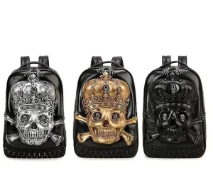 Fashion Punk Rivets Waterproof 3D Ghost Skull With Crown Backpack  Laptop