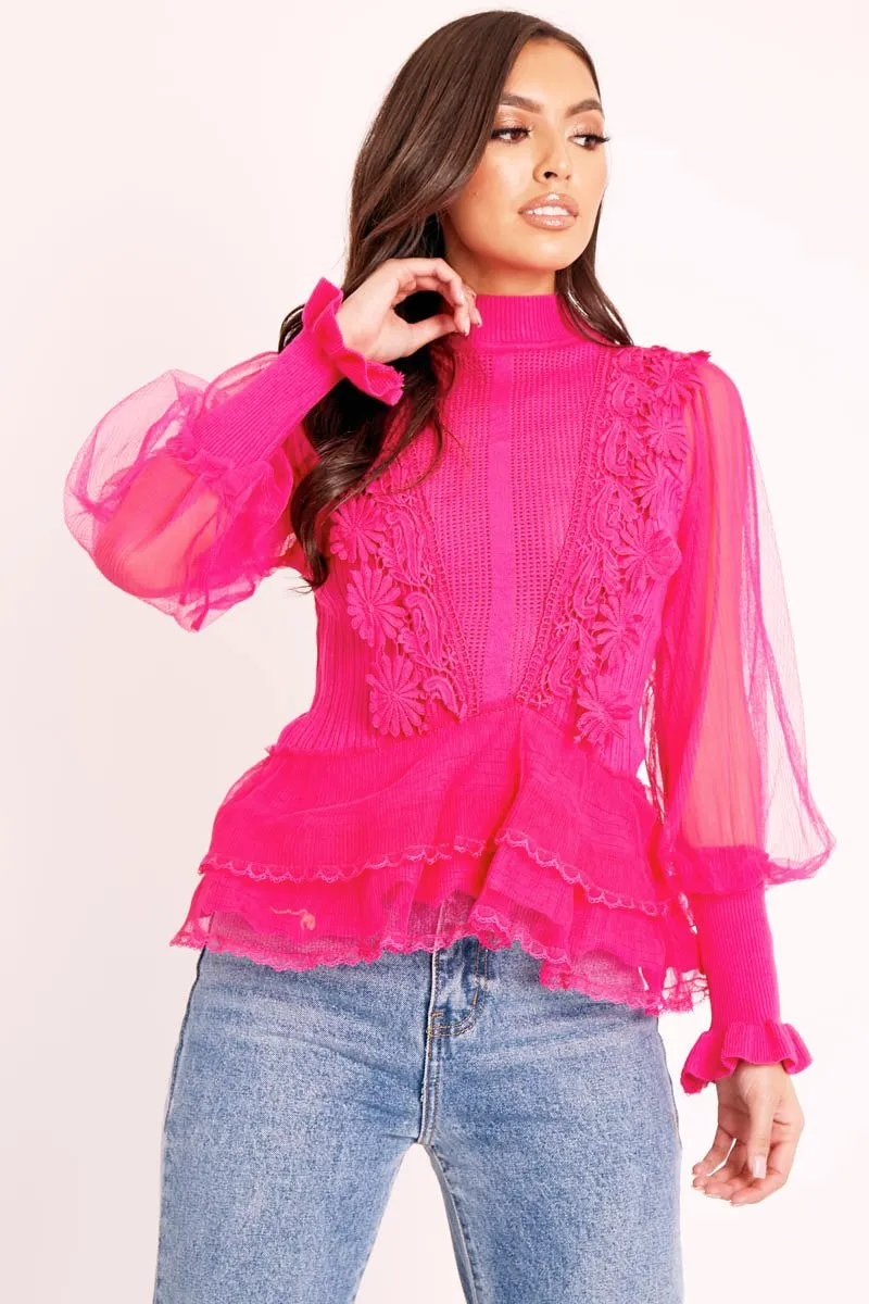 Fuchsia Lace Panel Net Sleeve Jumper - Dalila