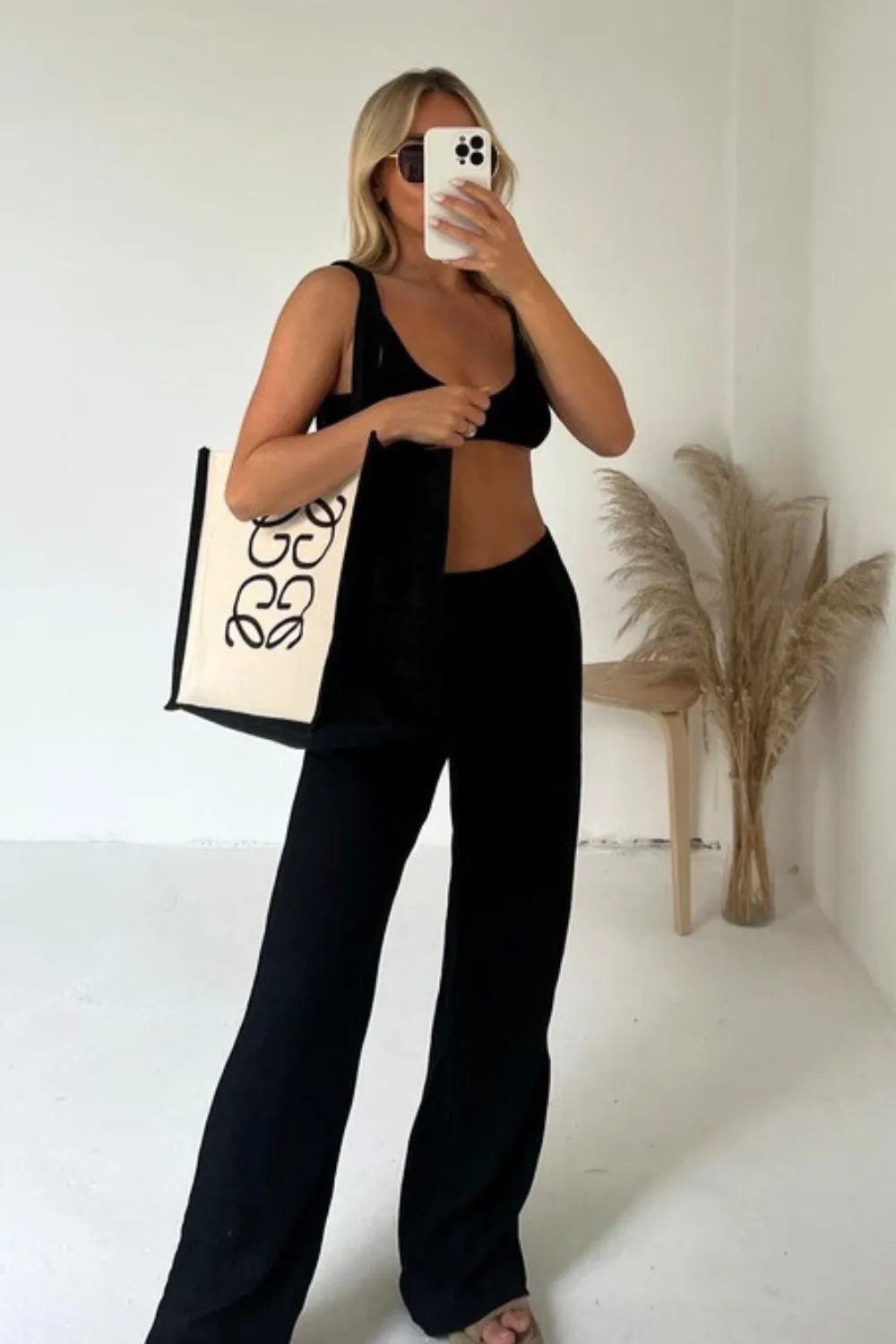 GeGe Black embroidered Large Tote