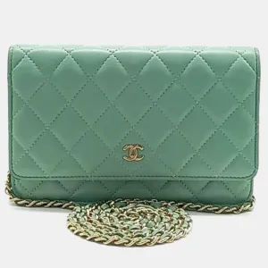 Green Leather Classic Quilted Wallet On Chain Crossbody Bag