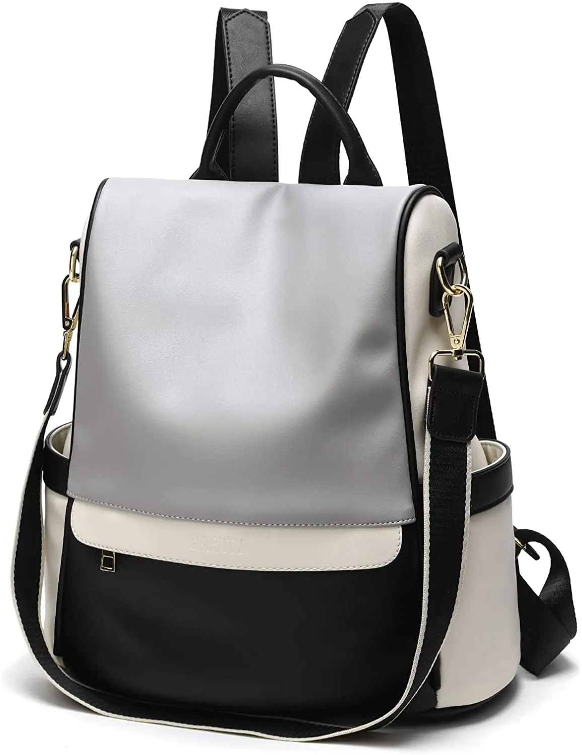 Grey & Black Faux Leather Convertible Backpack