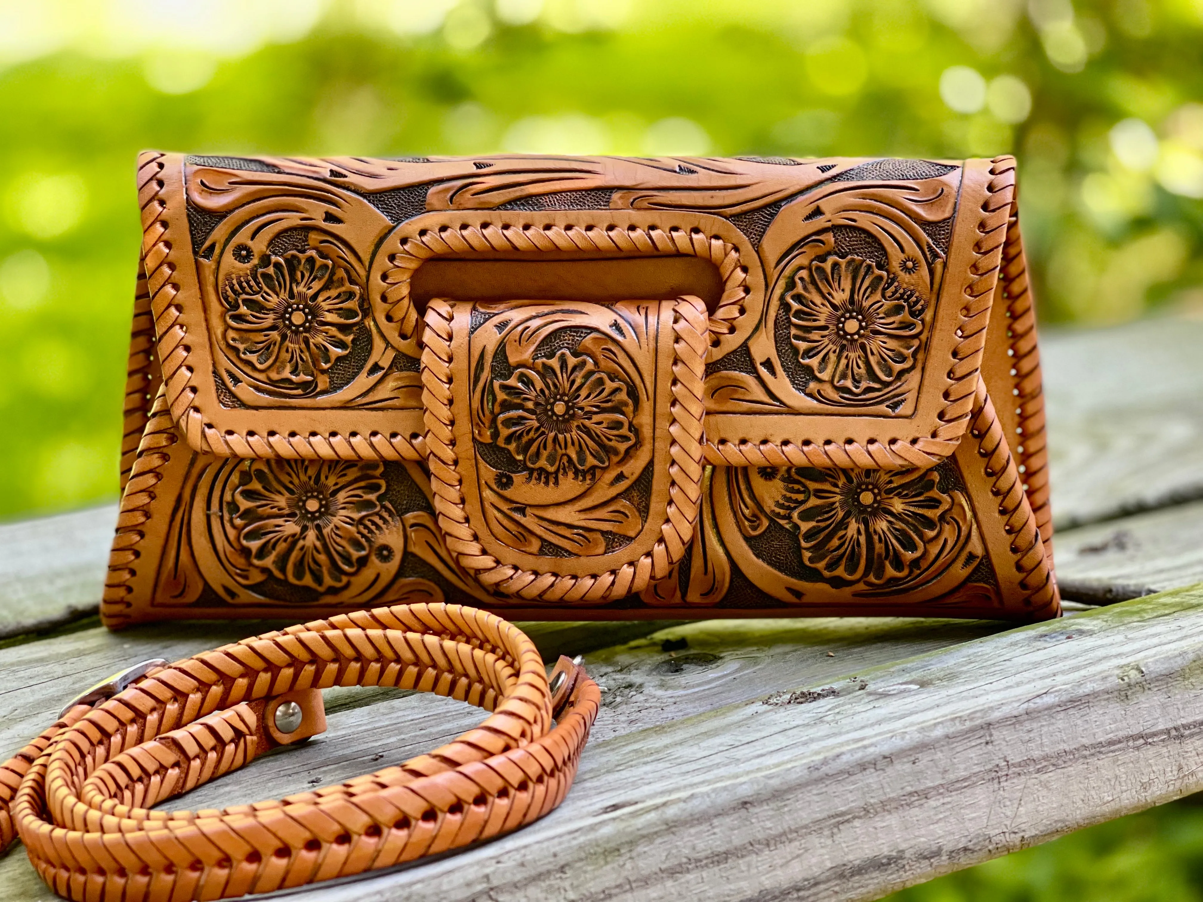 Hand-Tooled Leather Small Clutch & Crossbody "LENGUETA" by ALLE, more colors