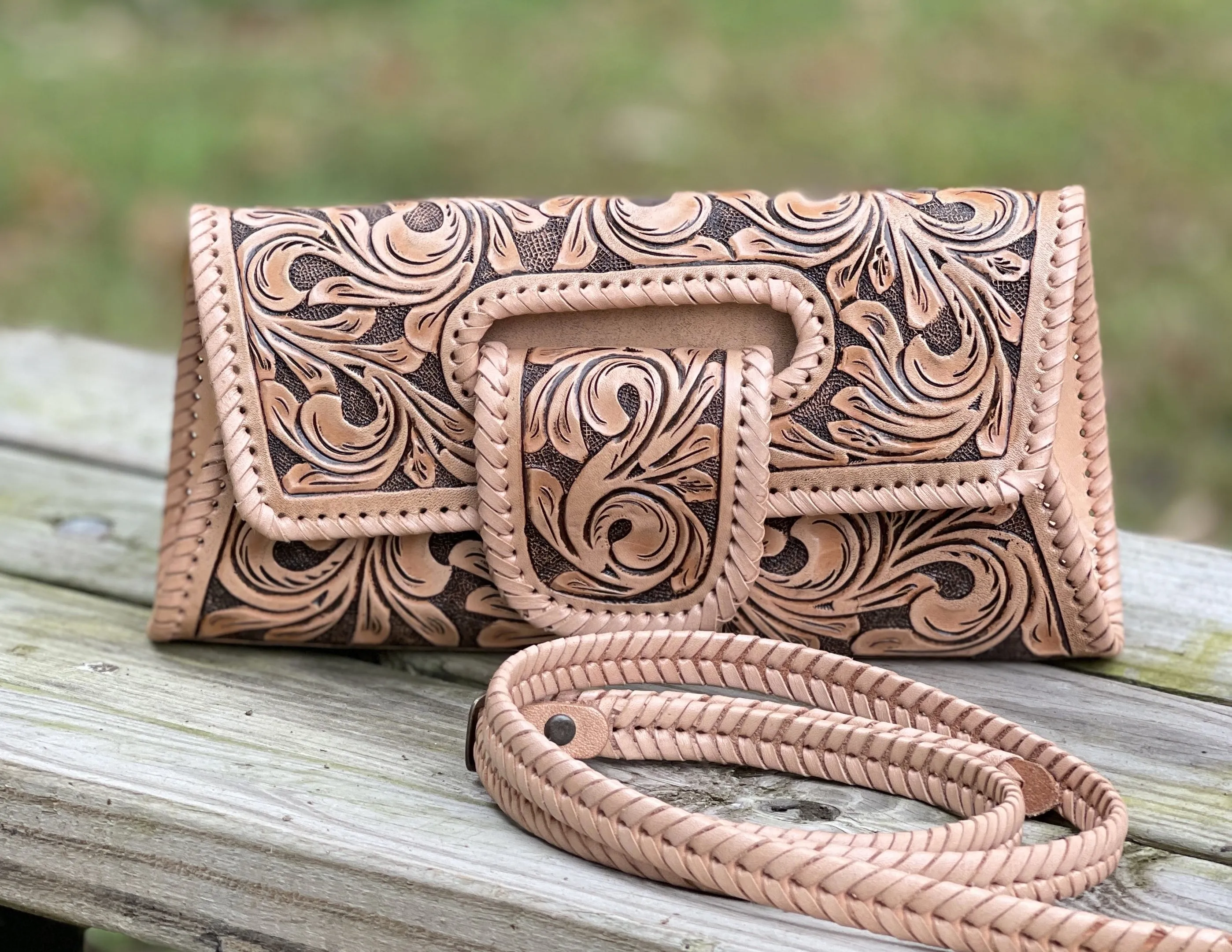 Hand-Tooled Leather Small Clutch & Crossbody "LENGUETA" by ALLE, more colors