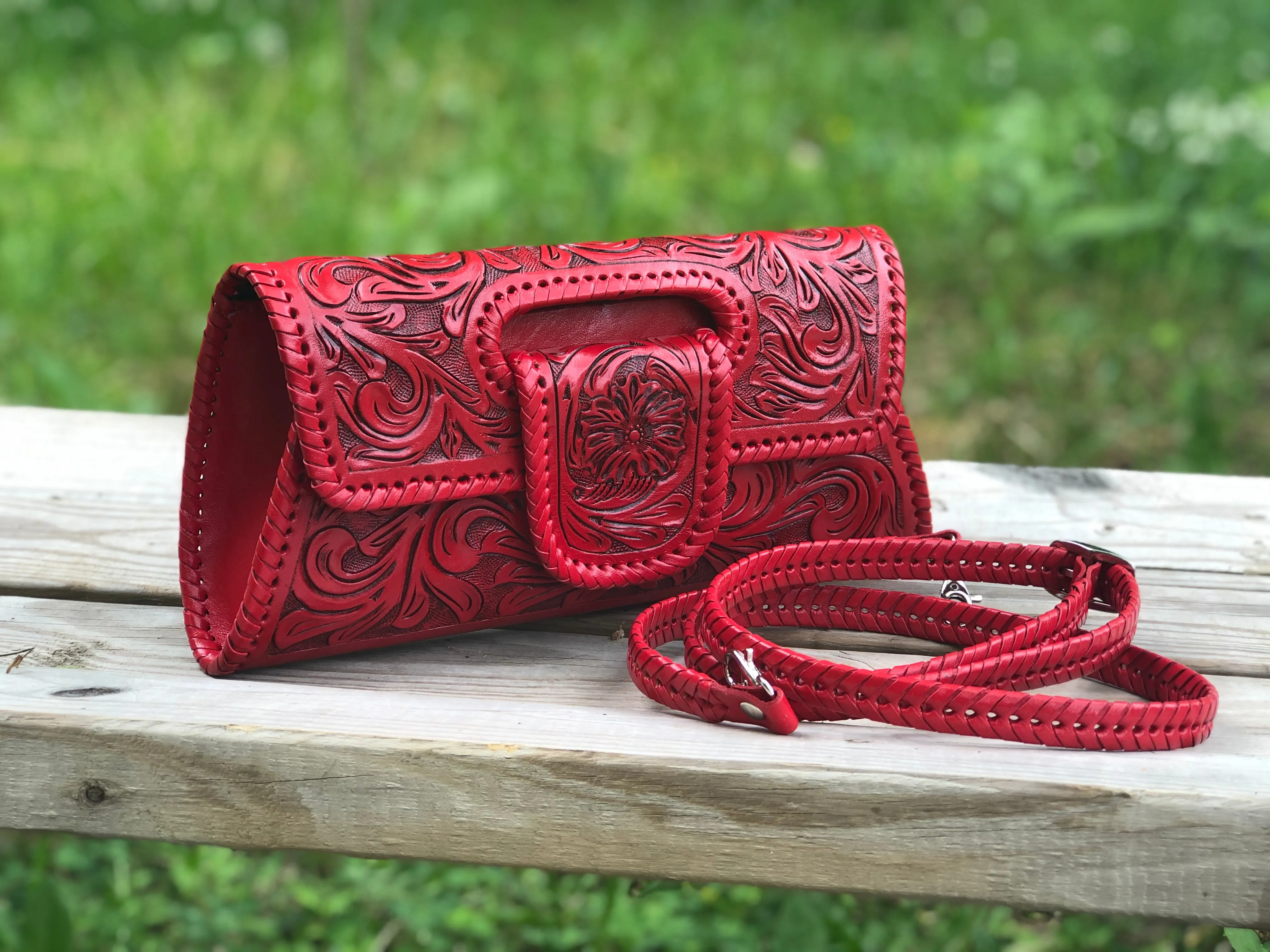 Hand-Tooled Leather Small Clutch & Crossbody "LENGUETA" by ALLE, more colors