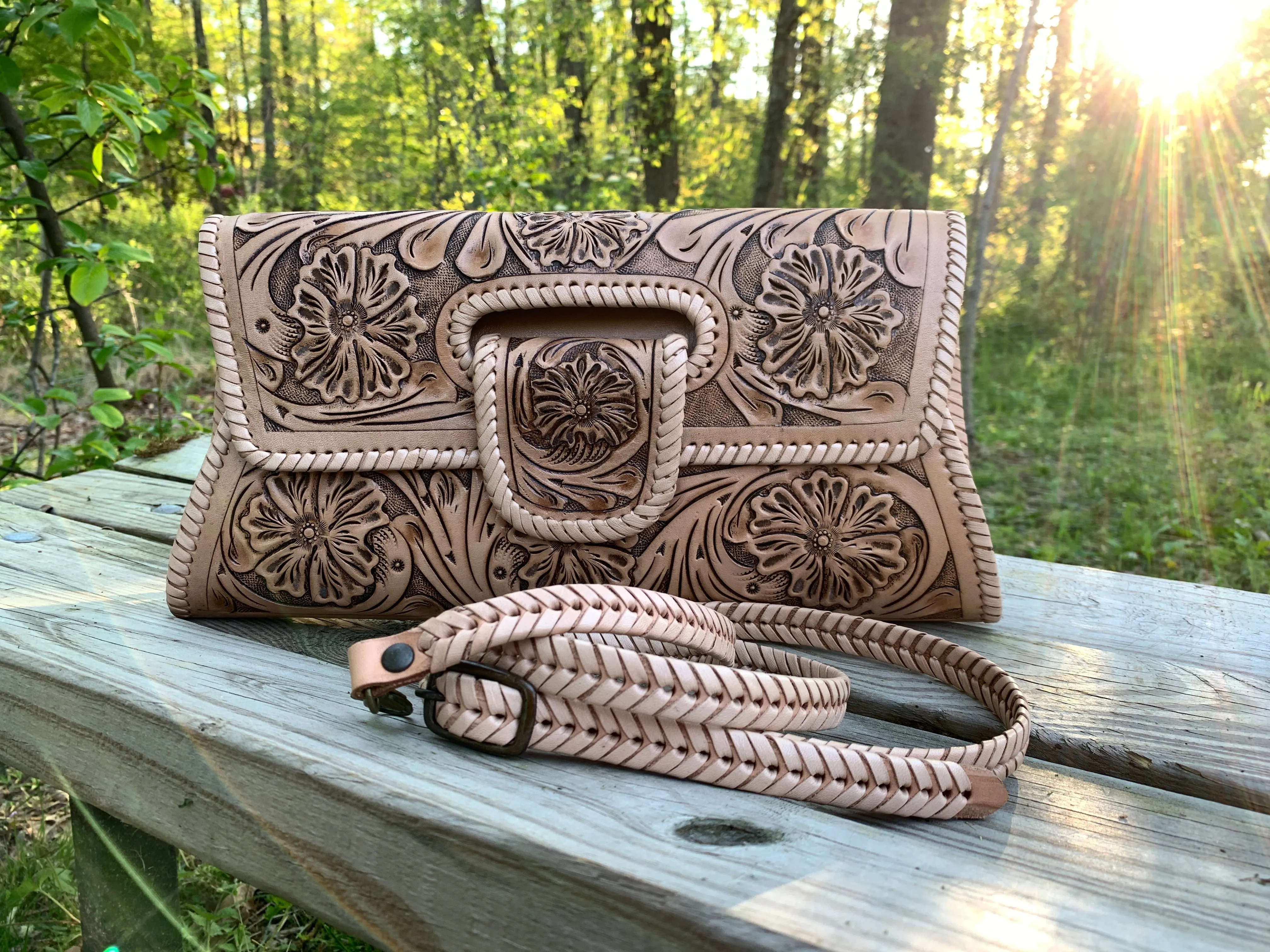 Hand-Tooled Leather Small Clutch & Crossbody "LENGUETA" by ALLE, more colors