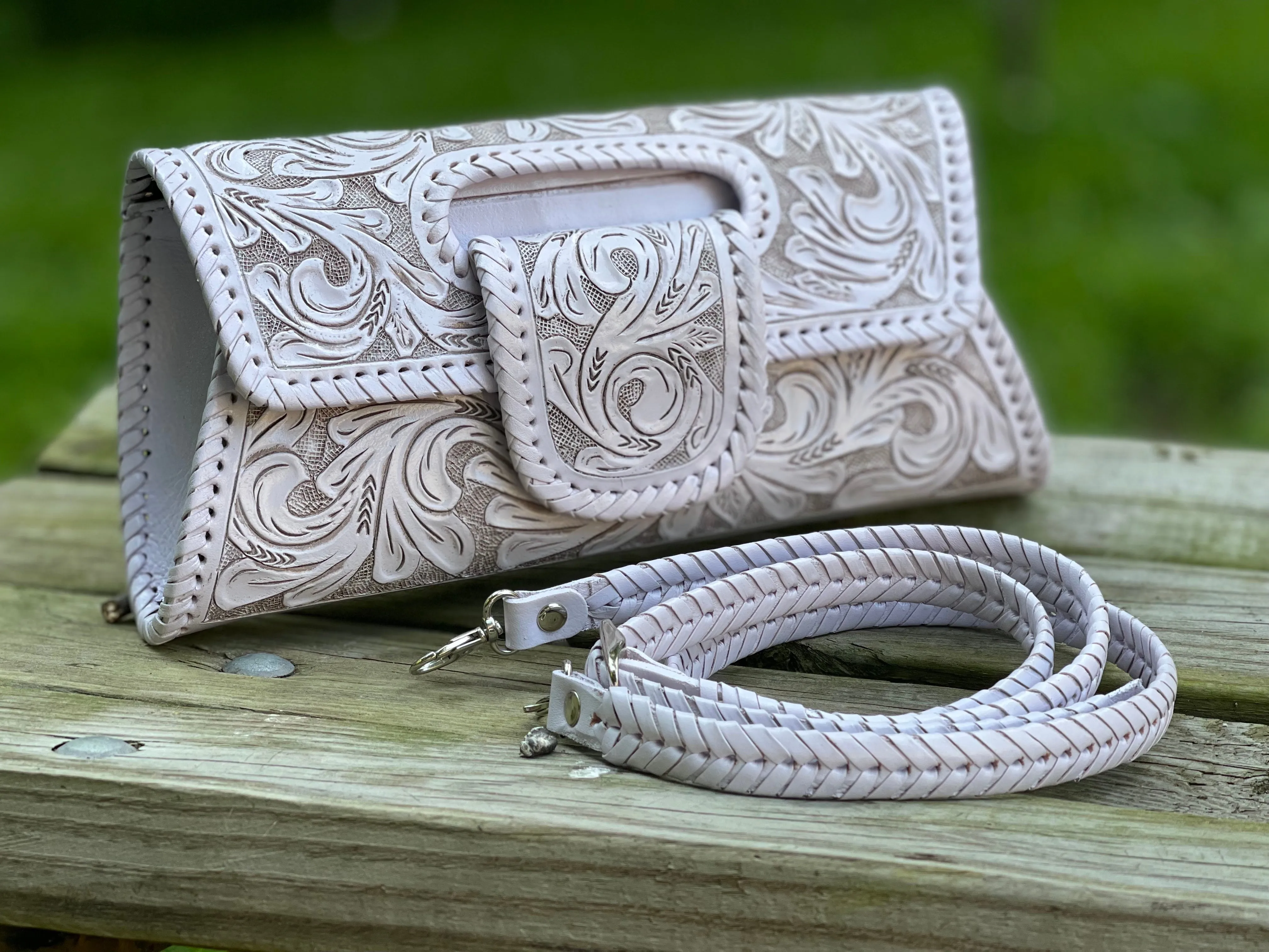 Hand-Tooled Leather Small Clutch & Crossbody "LENGUETA" by ALLE, more colors