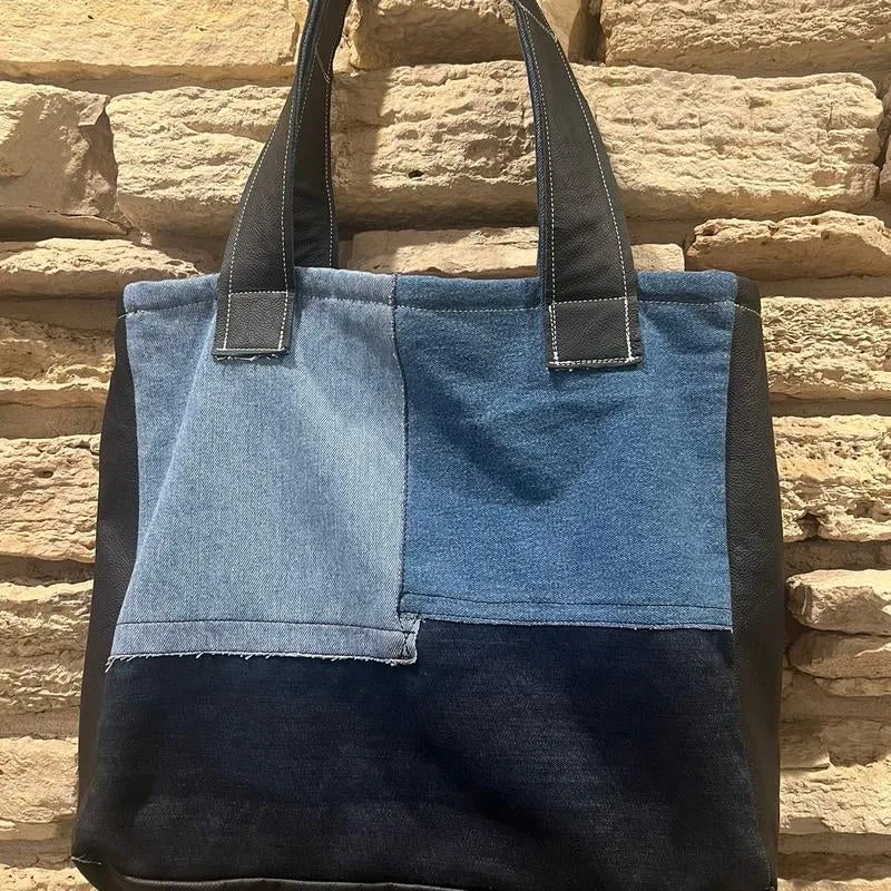 Leather & Denim Tote Bag - Large