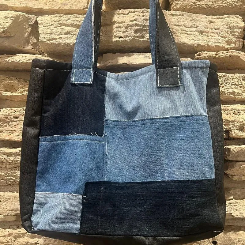 Leather & Denim Tote Bag - Large