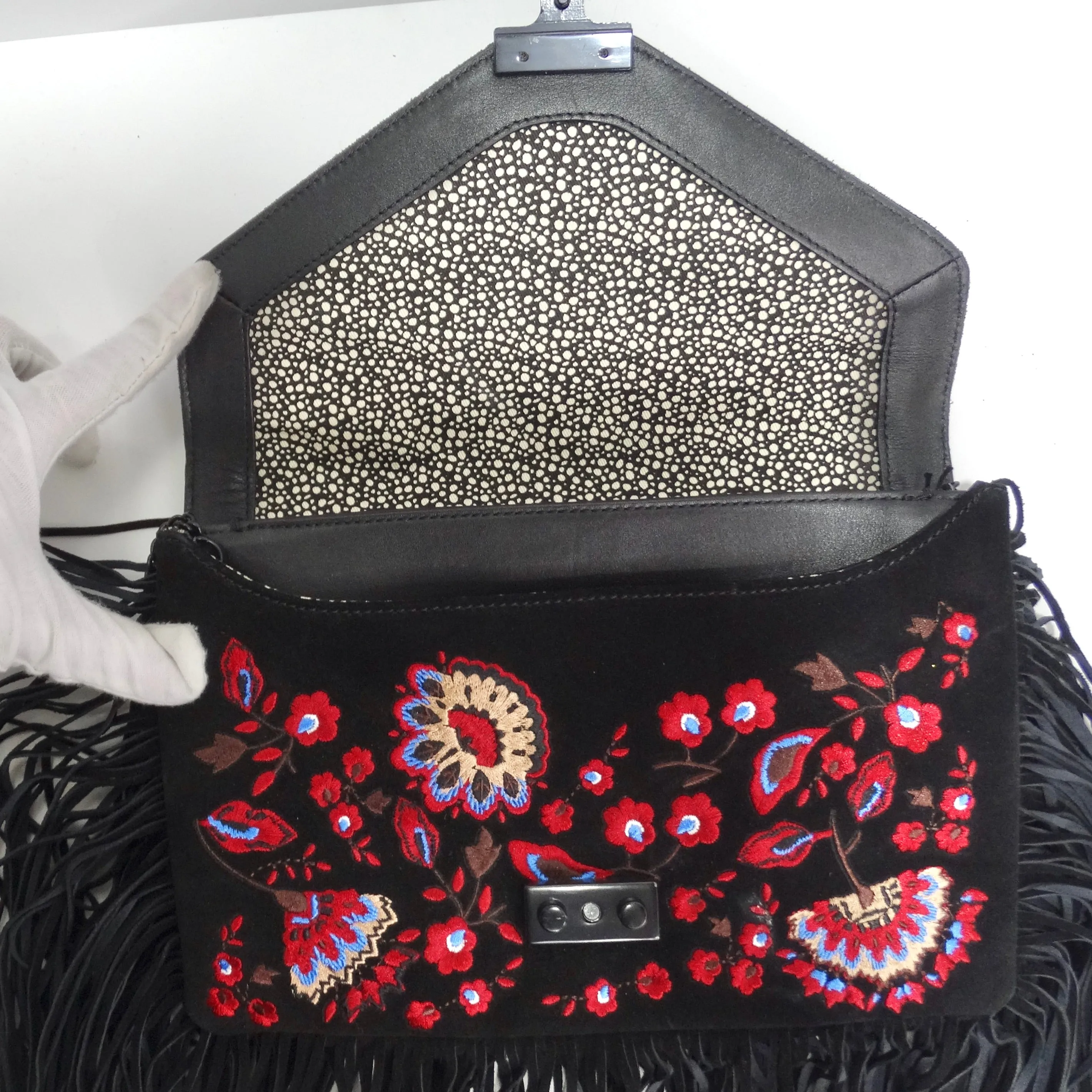 Loeffler Randall Embroidered Suede Fringe Handbag