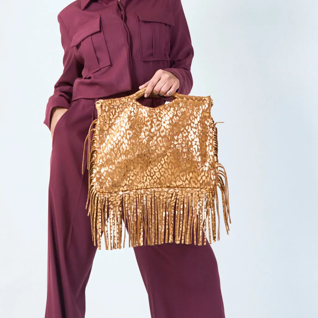 Metallic fringe animal print crossbody wholesale