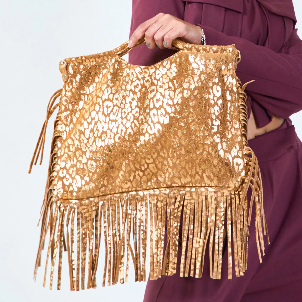 Metallic fringe animal print crossbody wholesale