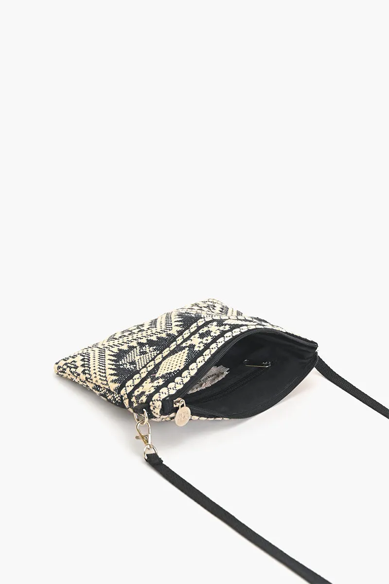 Mexican Striped Spring Top Zip Clutch-Black and Beige