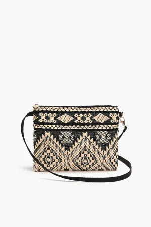 Mexican Striped Spring Top Zip Clutch-Black and Beige