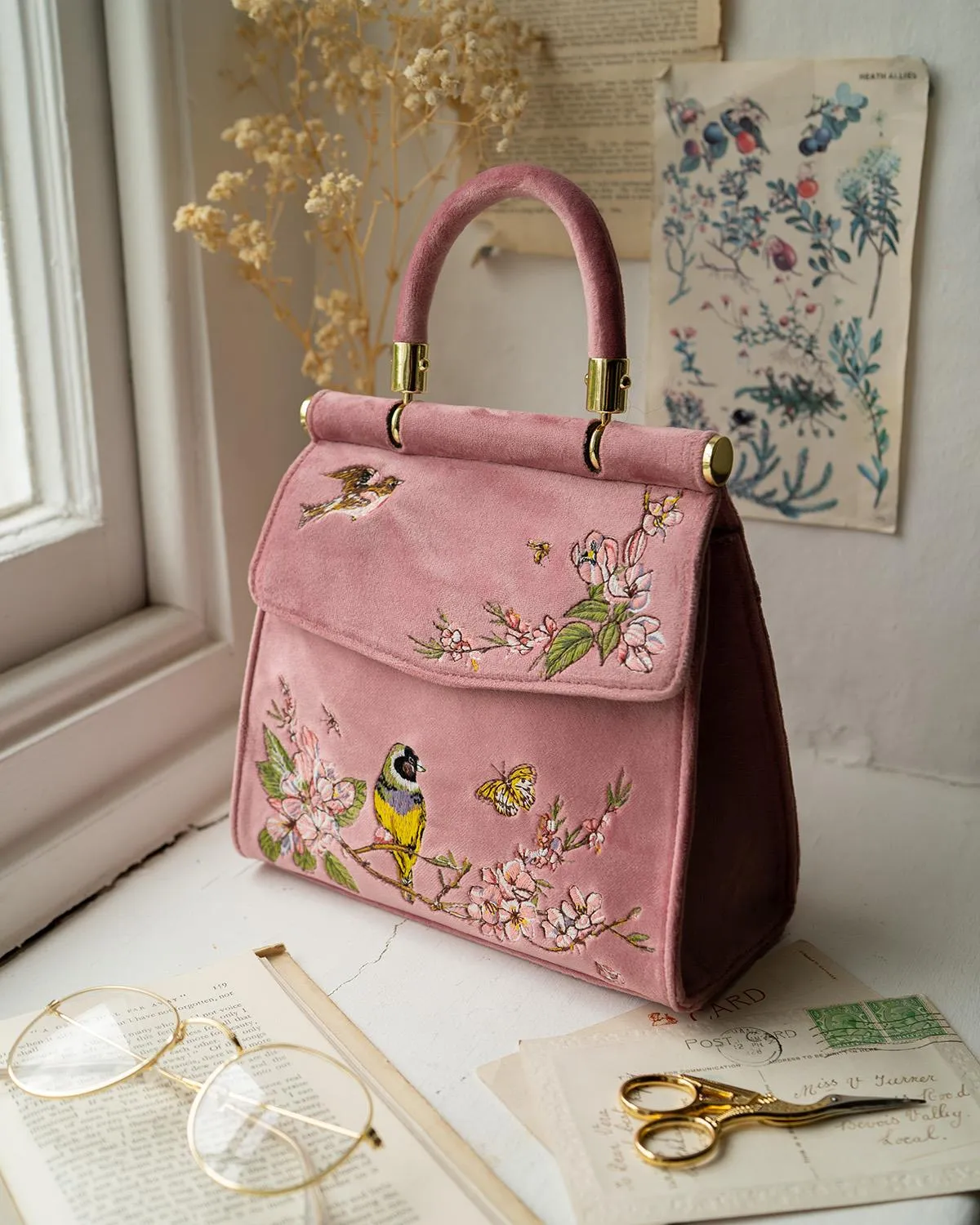 Morning Song Bird Embroidered Mini Pink Tote