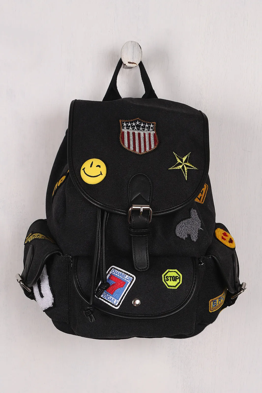 Multi Patches Canvas Drawstring Backpack