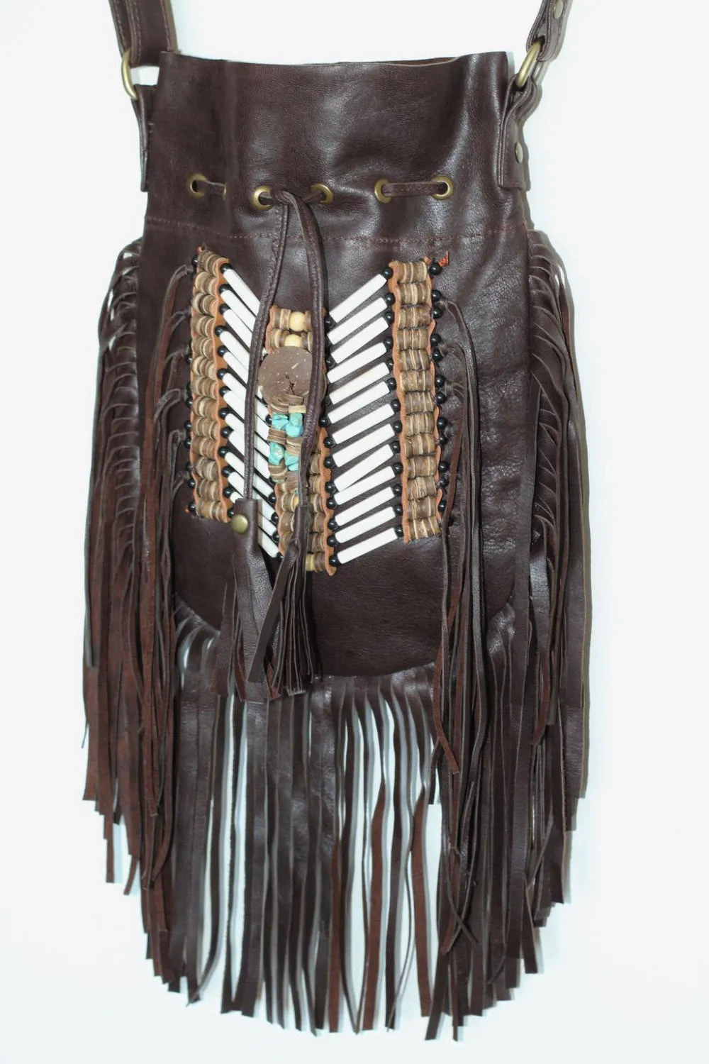 N47M- Medium Dark Brown Indian leather Handbag, Native American Style bag. Crossbody bag. Boho Bag