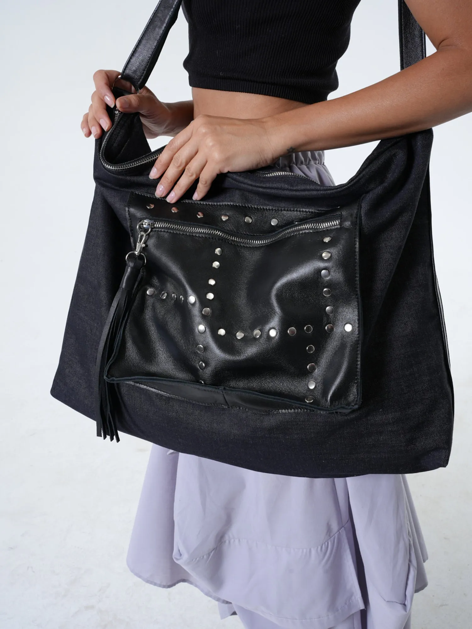 Oversized Slouchy Tote Bag - Denim and Leather