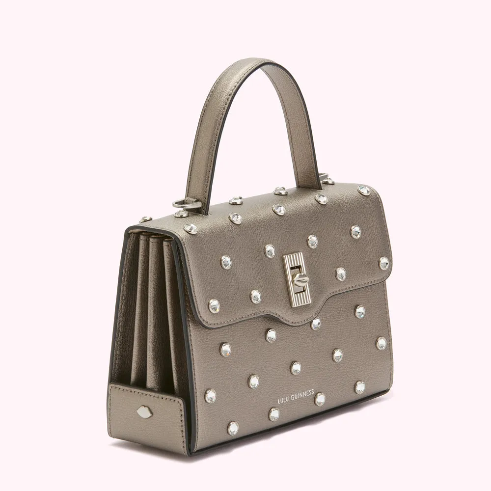 PEWTER MEDIUM LIP TURNLOCK QUEENIE HANDBAG WITH SWAROVSKI® CRYSTALS