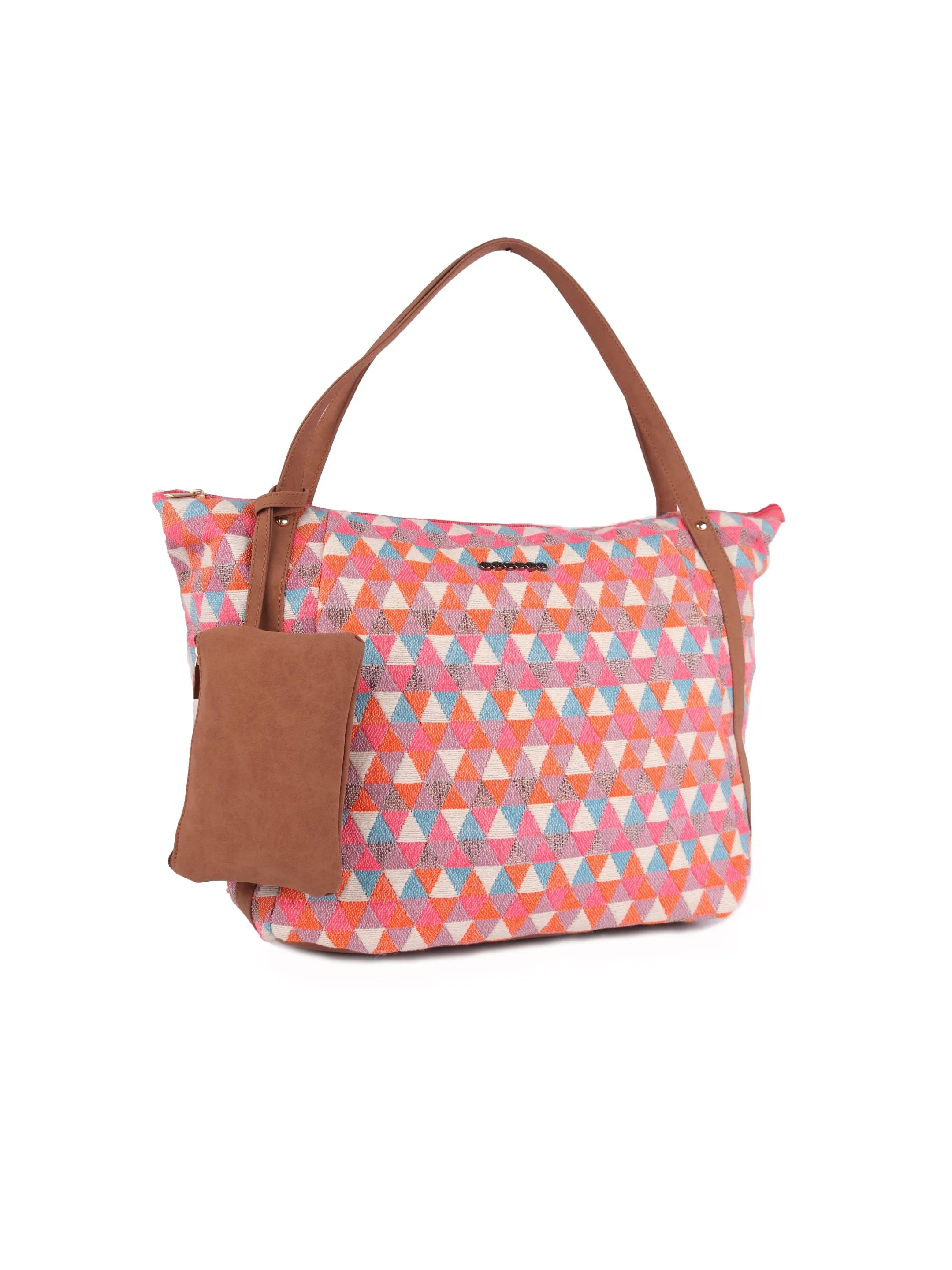 Pink Diamond Textured Tote Bag With Coin Pouch