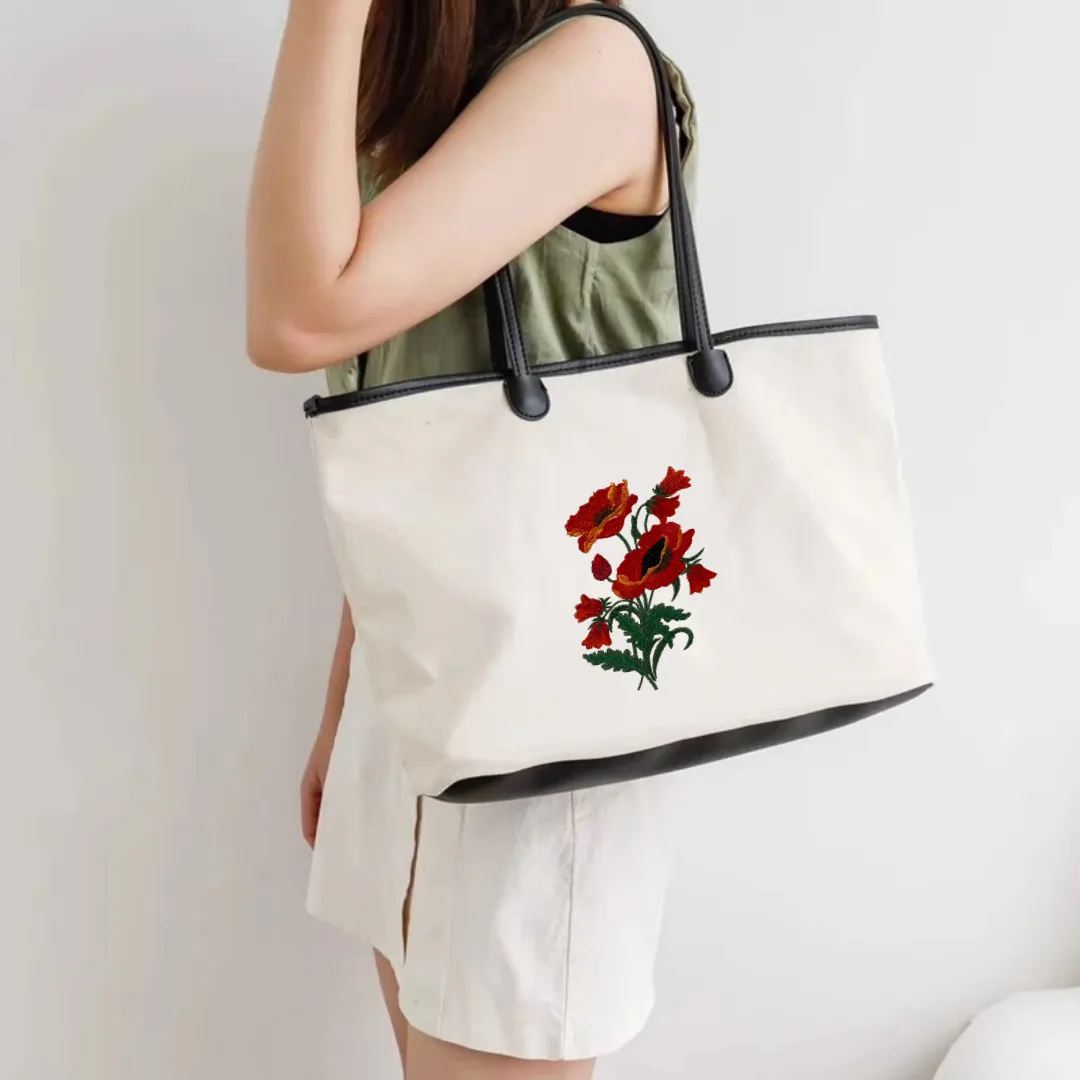 Poppies Embroidered Cotton Canvas Market Bag. Choice of 5 different bags