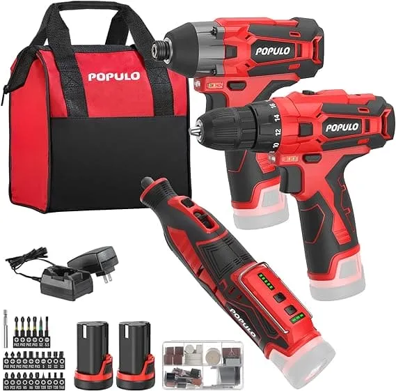 POPULO 12V Max Lithium-ion Cordless Combo Kit (3-Tool), Power Drill Driver, 1/4 in. Impact Driver, Power Rotary Tool Combo Kit with 2.0Ah Batteries (2-Pack), Charger and Tool Bag- PLCK-1202