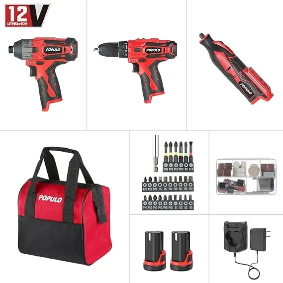 POPULO 12V Max Lithium-ion Cordless Combo Kit (3-Tool), Power Drill Driver, 1/4 in. Impact Driver, Power Rotary Tool Combo Kit with 2.0Ah Batteries (2-Pack), Charger and Tool Bag- PLCK-1202