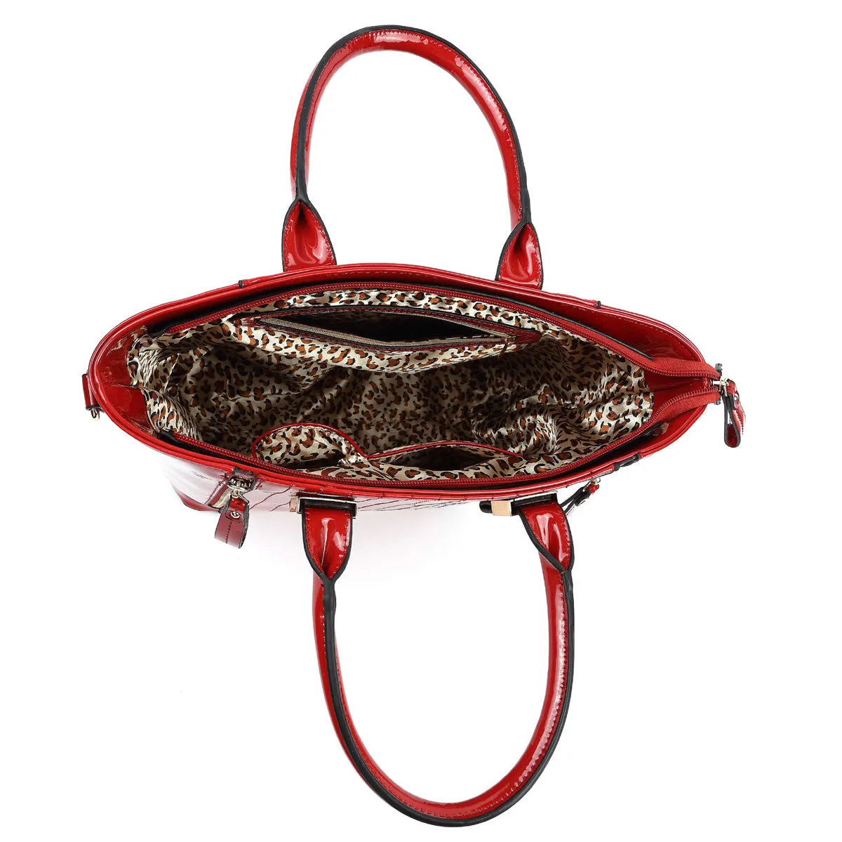 Red Cheetah Zippers Handbag Vegan Patent Purse